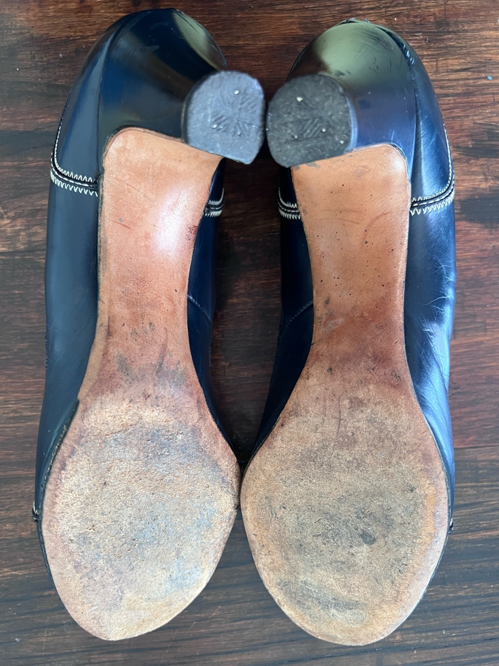 Vintage 1940s Navy Leather Block Heel Pumps w/ Contrast Stitching WW2 Rockabilly - Picture 9 of 10